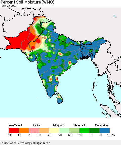 Southern Asia Percent Soil Moisture (WMO) Thematic Map For 10/16/2023 - 10/22/2023