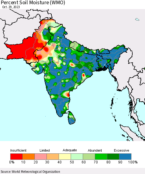 Southern Asia Percent Soil Moisture (WMO) Thematic Map For 10/23/2023 - 10/29/2023