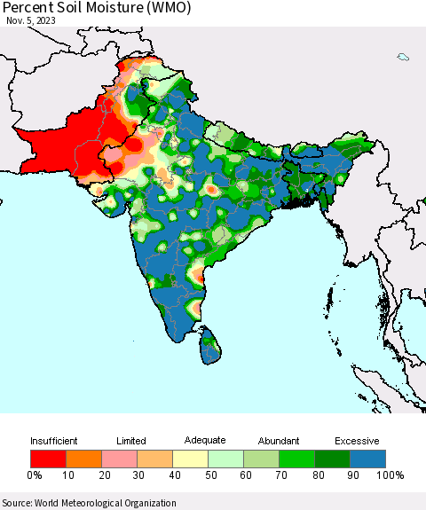 Southern Asia Percent Soil Moisture (WMO) Thematic Map For 10/30/2023 - 11/5/2023