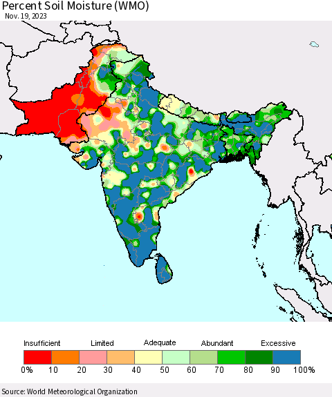Southern Asia Percent Soil Moisture (WMO) Thematic Map For 11/13/2023 - 11/19/2023