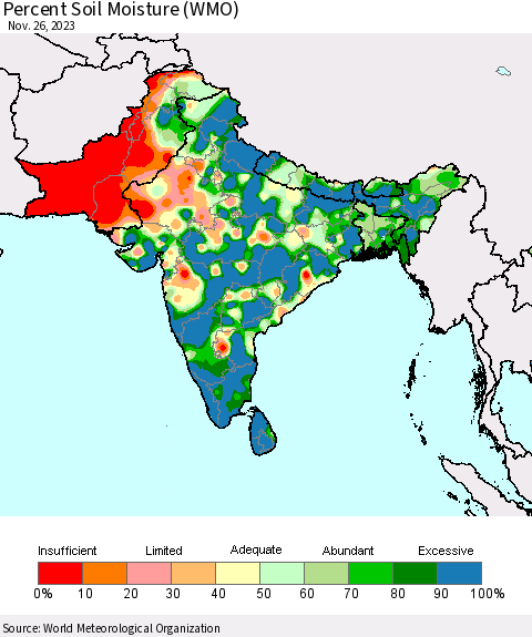 Southern Asia Percent Soil Moisture (WMO) Thematic Map For 11/20/2023 - 11/26/2023