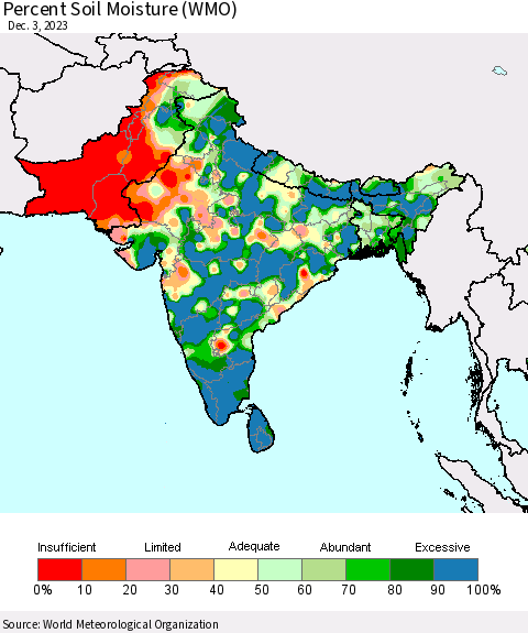Southern Asia Percent Soil Moisture (WMO) Thematic Map For 11/27/2023 - 12/3/2023