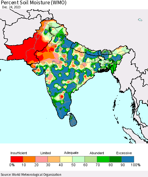Southern Asia Percent Soil Moisture (WMO) Thematic Map For 12/18/2023 - 12/24/2023