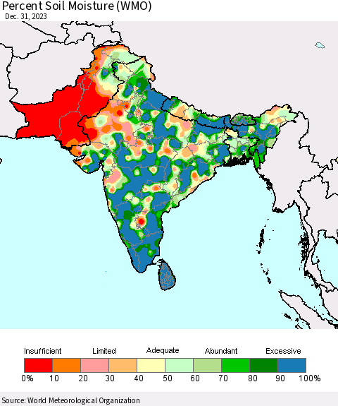 Southern Asia Percent Soil Moisture (WMO) Thematic Map For 12/25/2023 - 12/31/2023