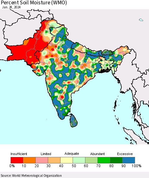 Southern Asia Percent Soil Moisture (WMO) Thematic Map For 1/22/2024 - 1/28/2024