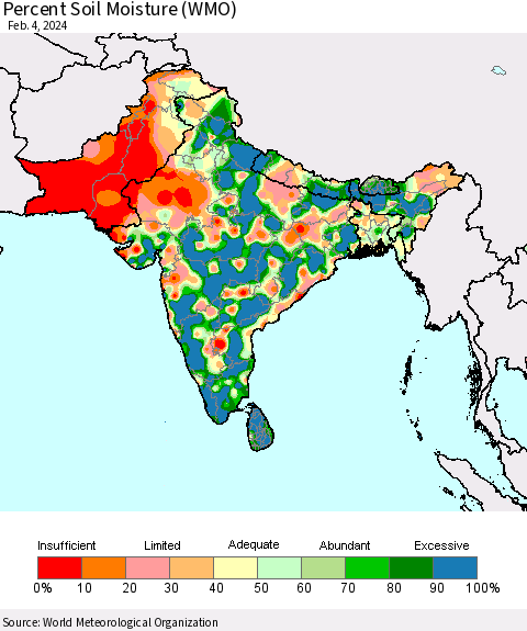 Southern Asia Percent Soil Moisture (WMO) Thematic Map For 1/29/2024 - 2/4/2024