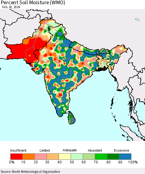 Southern Asia Percent Soil Moisture (WMO) Thematic Map For 2/12/2024 - 2/18/2024