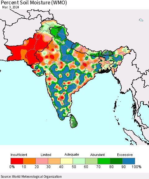 Southern Asia Percent Soil Moisture (WMO) Thematic Map For 2/26/2024 - 3/3/2024