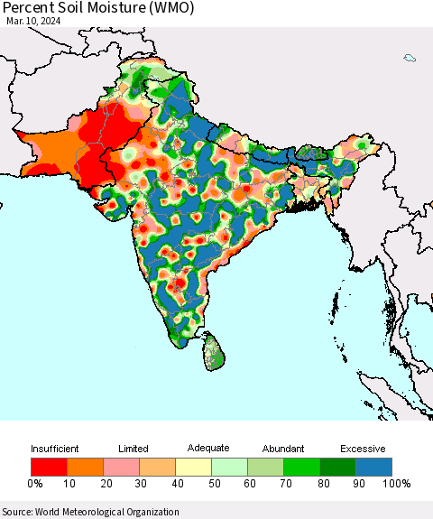 Southern Asia Percent Soil Moisture (WMO) Thematic Map For 3/4/2024 - 3/10/2024