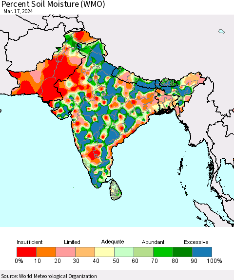 Southern Asia Percent Soil Moisture (WMO) Thematic Map For 3/11/2024 - 3/17/2024