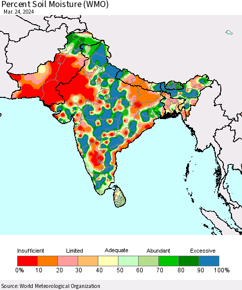 Southern Asia Percent Soil Moisture (WMO) Thematic Map For 3/18/2024 - 3/24/2024