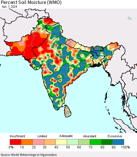 Southern Asia Percent Soil Moisture (WMO) Thematic Map For 4/1/2024 - 4/7/2024