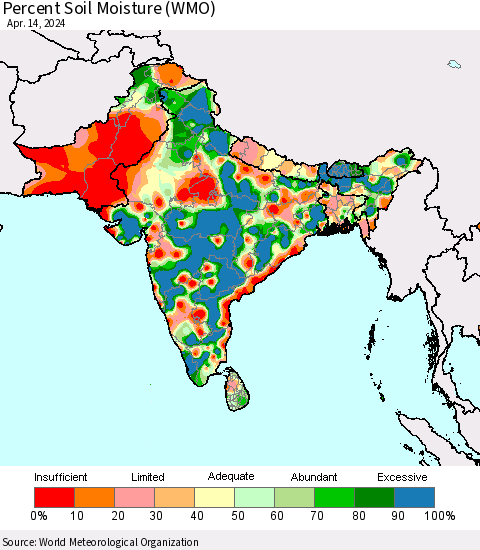 Southern Asia Percent Soil Moisture (WMO) Thematic Map For 4/8/2024 - 4/14/2024