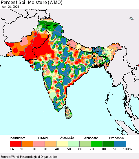 Southern Asia Percent Soil Moisture (WMO) Thematic Map For 4/15/2024 - 4/21/2024
