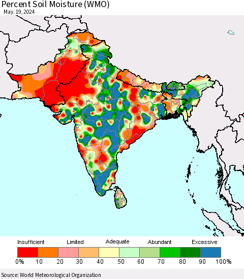 Southern Asia Percent Soil Moisture (WMO) Thematic Map For 5/13/2024 - 5/19/2024