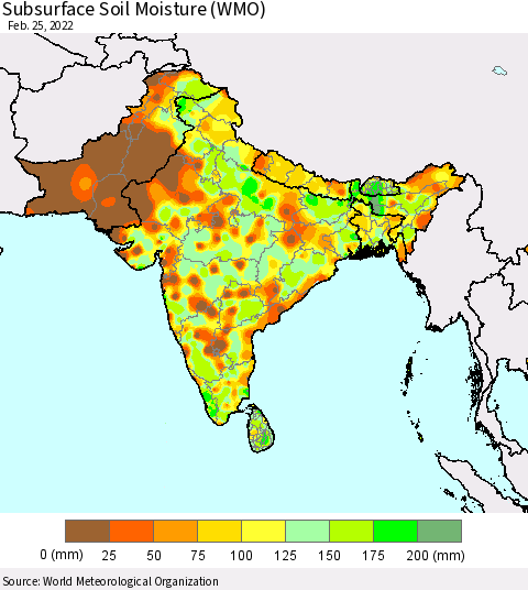 Southern Asia Subsurface Soil Moisture (WMO) Thematic Map For 2/21/2022 - 2/25/2022