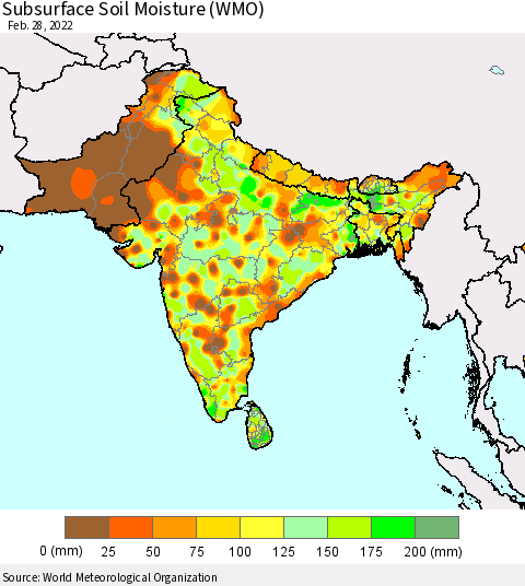 Southern Asia Subsurface Soil Moisture (WMO) Thematic Map For 2/26/2022 - 2/28/2022