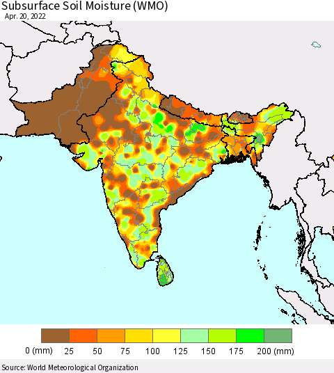 Southern Asia Subsurface Soil Moisture (WMO) Thematic Map For 4/16/2022 - 4/20/2022