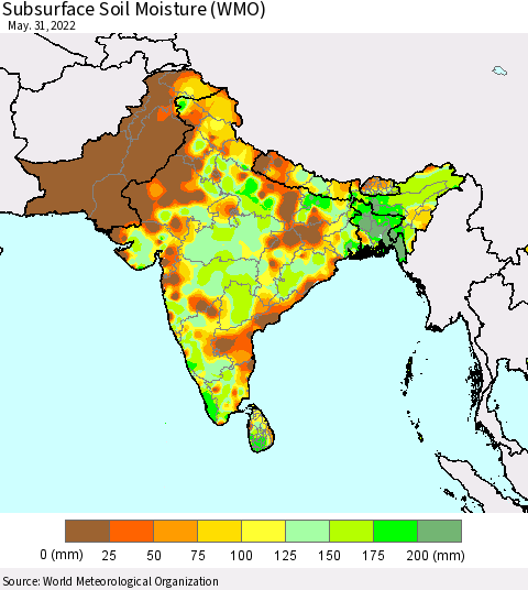 Southern Asia Subsurface Soil Moisture (WMO) Thematic Map For 5/26/2022 - 5/31/2022
