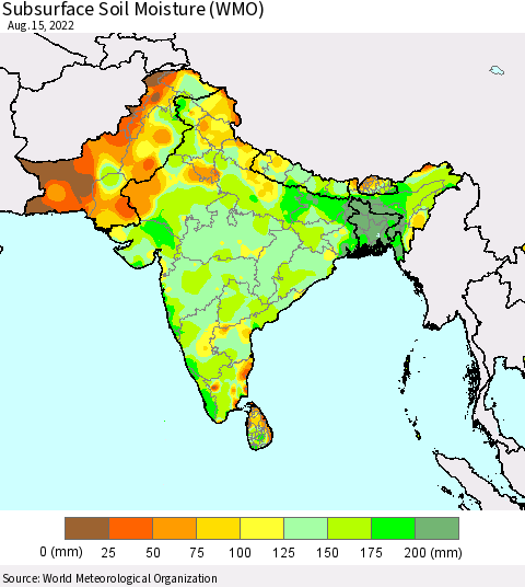 Southern Asia Subsurface Soil Moisture (WMO) Thematic Map For 8/11/2022 - 8/15/2022