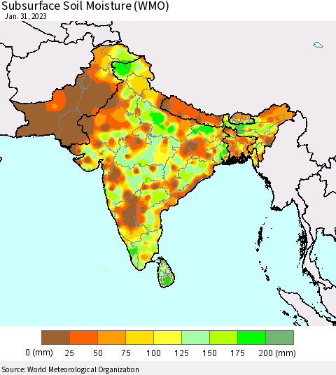 Southern Asia Subsurface Soil Moisture (WMO) Thematic Map For 1/26/2023 - 1/31/2023