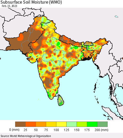 Southern Asia Subsurface Soil Moisture (WMO) Thematic Map For 2/11/2023 - 2/15/2023