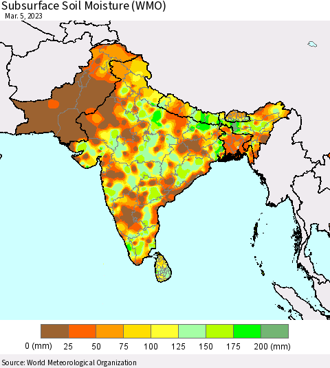 Southern Asia Subsurface Soil Moisture (WMO) Thematic Map For 3/1/2023 - 3/5/2023