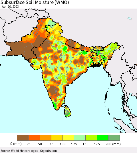 Southern Asia Subsurface Soil Moisture (WMO) Thematic Map For 4/6/2023 - 4/10/2023