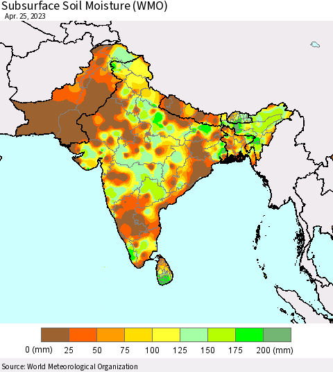 Southern Asia Subsurface Soil Moisture (WMO) Thematic Map For 4/21/2023 - 4/25/2023