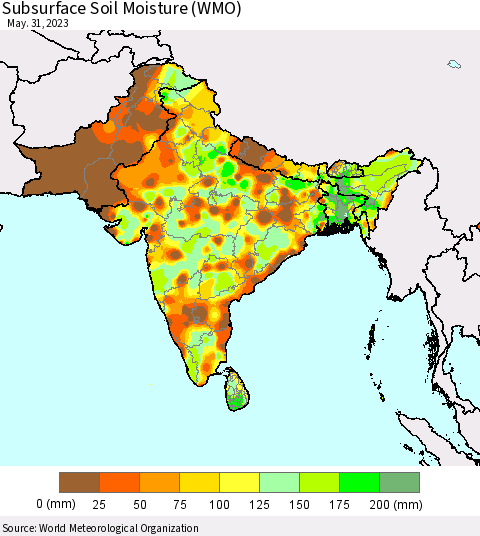 Southern Asia Subsurface Soil Moisture (WMO) Thematic Map For 5/26/2023 - 5/31/2023