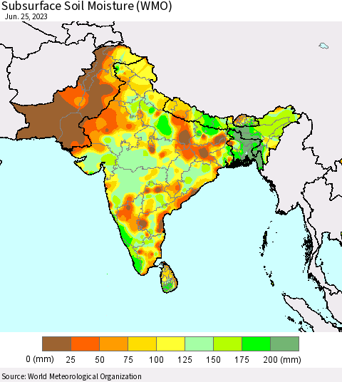 Southern Asia Subsurface Soil Moisture (WMO) Thematic Map For 6/21/2023 - 6/25/2023
