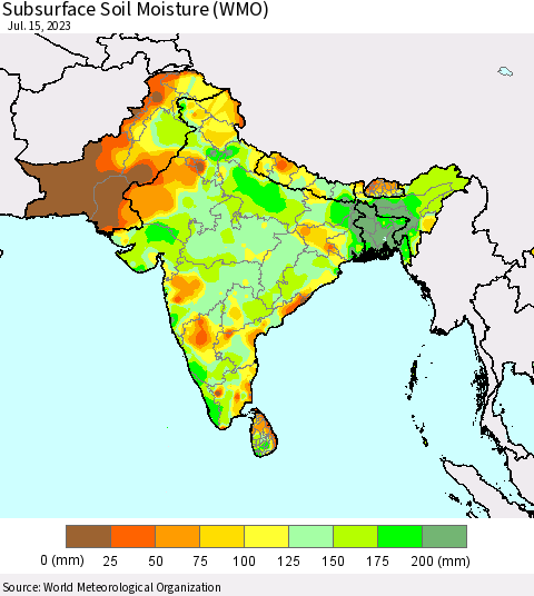 Southern Asia Subsurface Soil Moisture (WMO) Thematic Map For 7/11/2023 - 7/15/2023