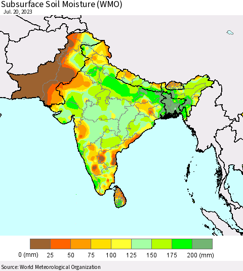 Southern Asia Subsurface Soil Moisture (WMO) Thematic Map For 7/16/2023 - 7/20/2023