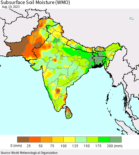 Southern Asia Subsurface Soil Moisture (WMO) Thematic Map For 8/6/2023 - 8/10/2023