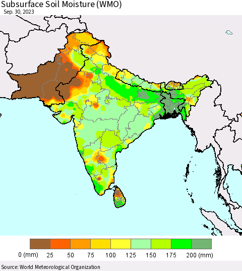 Southern Asia Subsurface Soil Moisture (WMO) Thematic Map For 9/26/2023 - 9/30/2023