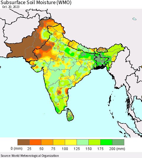 Southern Asia Subsurface Soil Moisture (WMO) Thematic Map For 10/16/2023 - 10/20/2023