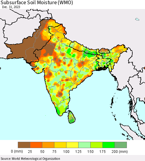 Southern Asia Subsurface Soil Moisture (WMO) Thematic Map For 12/26/2023 - 12/31/2023