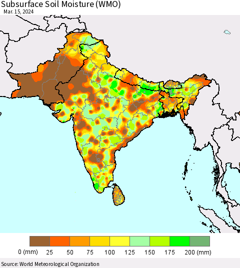 Southern Asia Subsurface Soil Moisture (WMO) Thematic Map For 3/11/2024 - 3/15/2024
