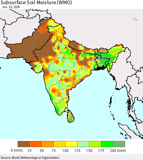 Southern Asia Subsurface Soil Moisture (WMO) Thematic Map For 6/6/2024 - 6/10/2024