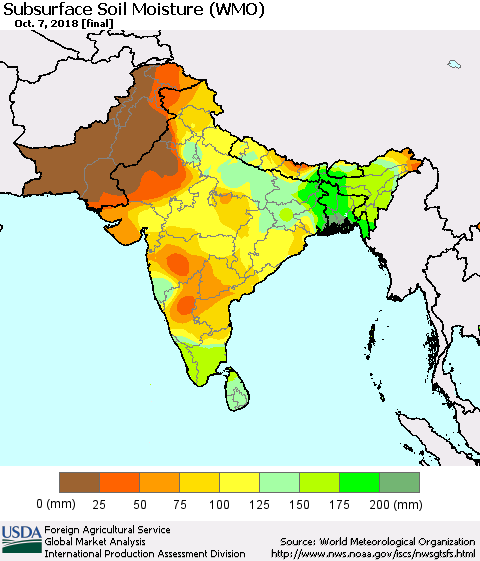 Southern Asia Subsurface Soil Moisture (WMO) Thematic Map For 10/1/2018 - 10/7/2018