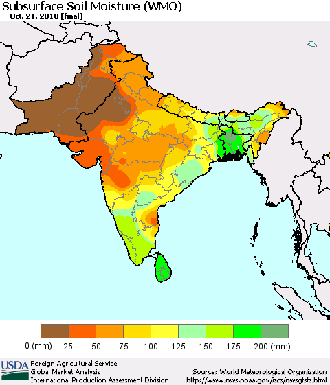 Southern Asia Subsurface Soil Moisture (WMO) Thematic Map For 10/15/2018 - 10/21/2018