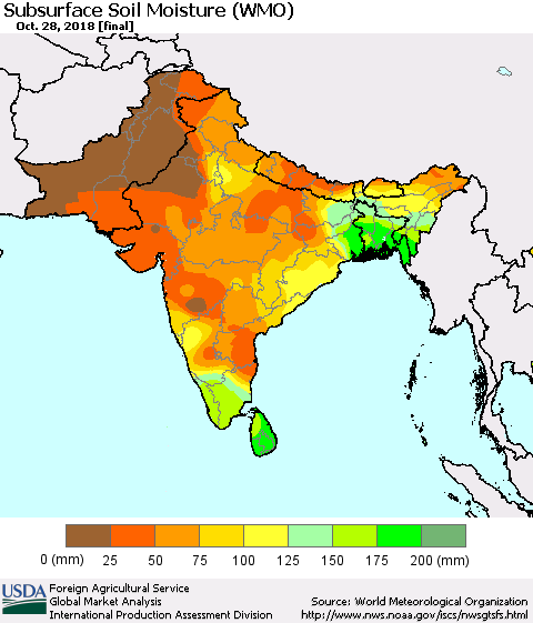 Southern Asia Subsurface Soil Moisture (WMO) Thematic Map For 10/22/2018 - 10/28/2018