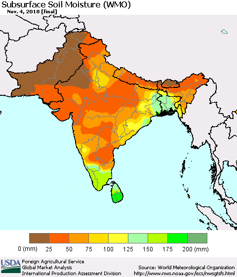 Southern Asia Subsurface Soil Moisture (WMO) Thematic Map For 10/29/2018 - 11/4/2018