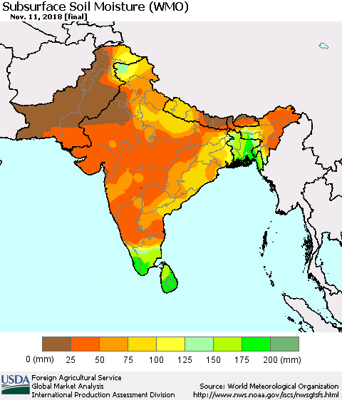 Southern Asia Subsurface Soil Moisture (WMO) Thematic Map For 11/5/2018 - 11/11/2018