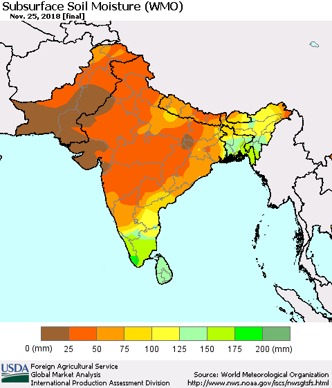 Southern Asia Subsurface Soil Moisture (WMO) Thematic Map For 11/19/2018 - 11/25/2018