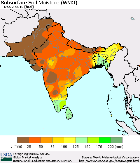 Southern Asia Subsurface Soil Moisture (WMO) Thematic Map For 11/26/2018 - 12/2/2018