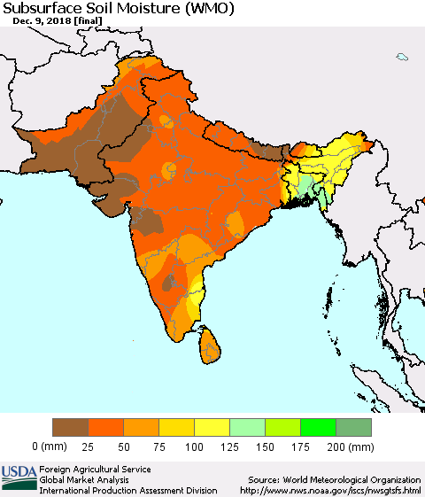 Southern Asia Subsurface Soil Moisture (WMO) Thematic Map For 12/3/2018 - 12/9/2018