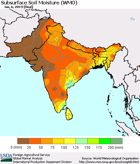 Southern Asia Subsurface Soil Moisture (WMO) Thematic Map For 12/31/2018 - 1/6/2019