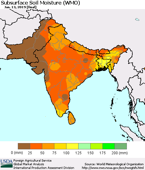 Southern Asia Subsurface Soil Moisture (WMO) Thematic Map For 1/7/2019 - 1/13/2019