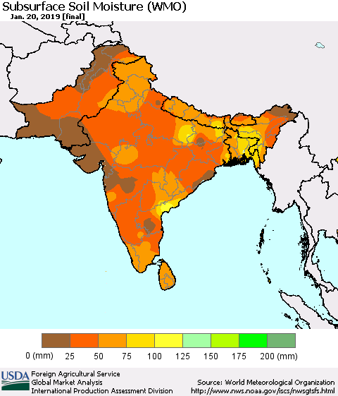 Southern Asia Subsurface Soil Moisture (WMO) Thematic Map For 1/14/2019 - 1/20/2019
